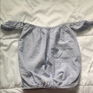 Off the shoulder blue and white top